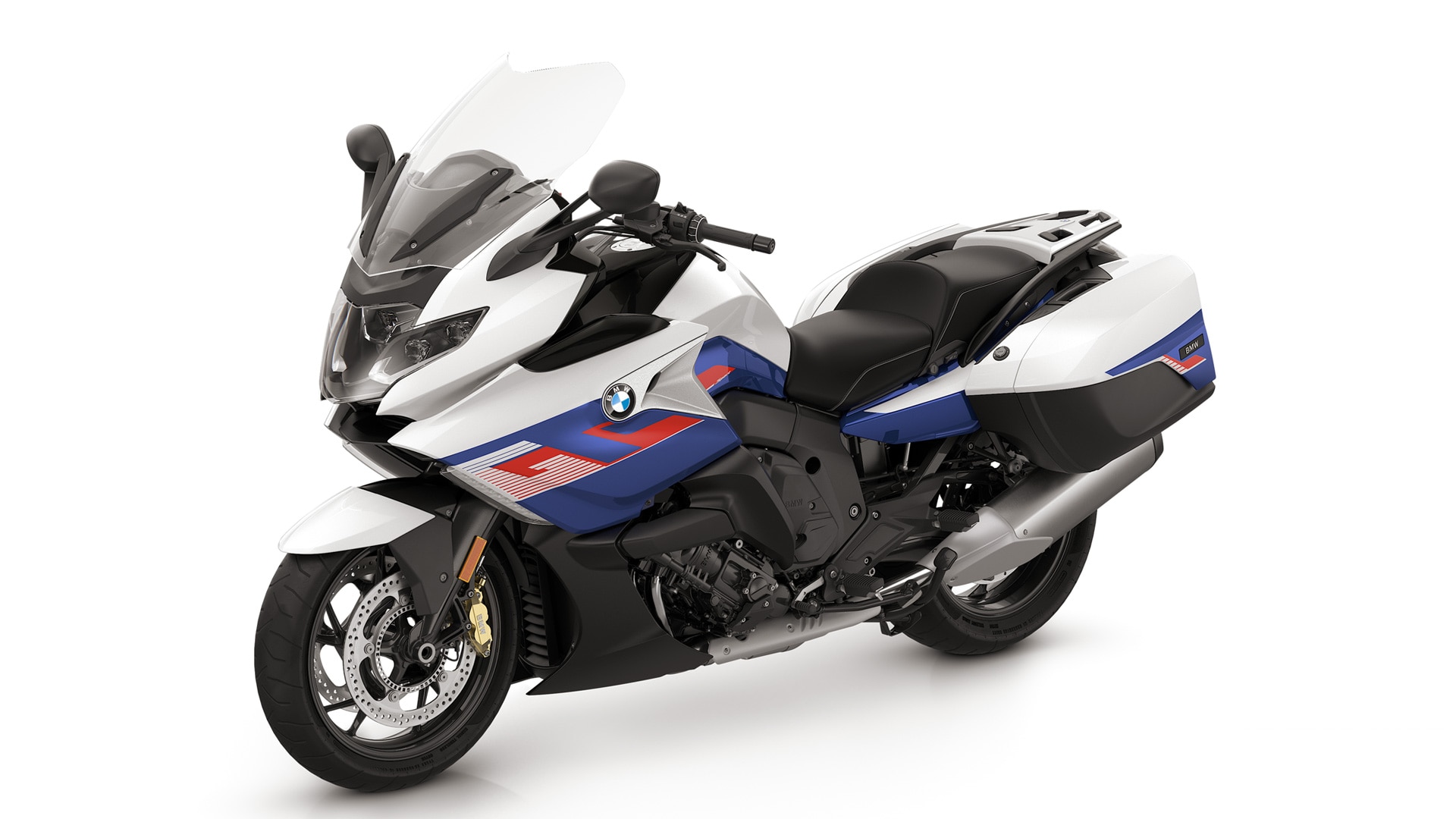 La K 1600 GT en blanco luminoso / azul Racing metalizado / rojo Racing.